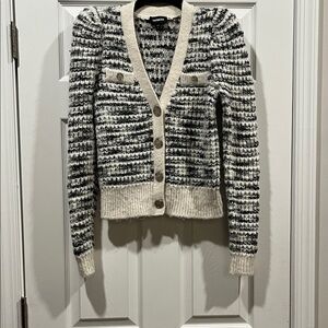Express Women’s Off White‎ And Gray Space Dye Weave Button-Up Cardigan. Size S
